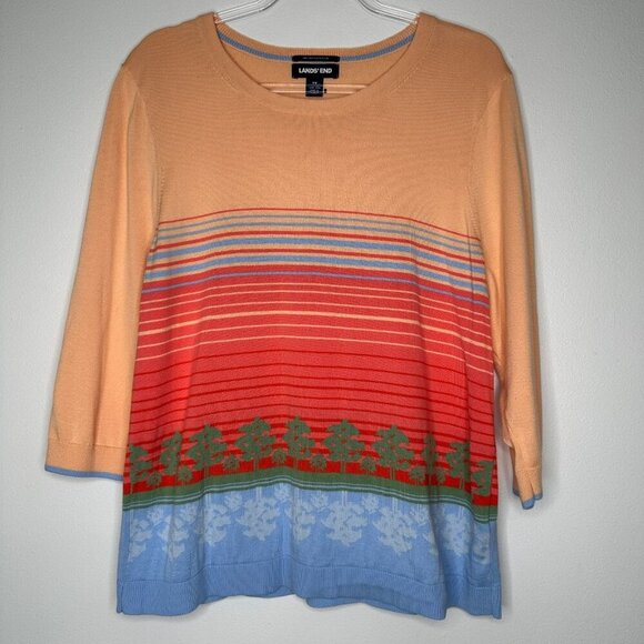 Lands End Pullover Sweater Size 1X Orange Multicolor Stripe Supima Cotton - Picture 1 of 9